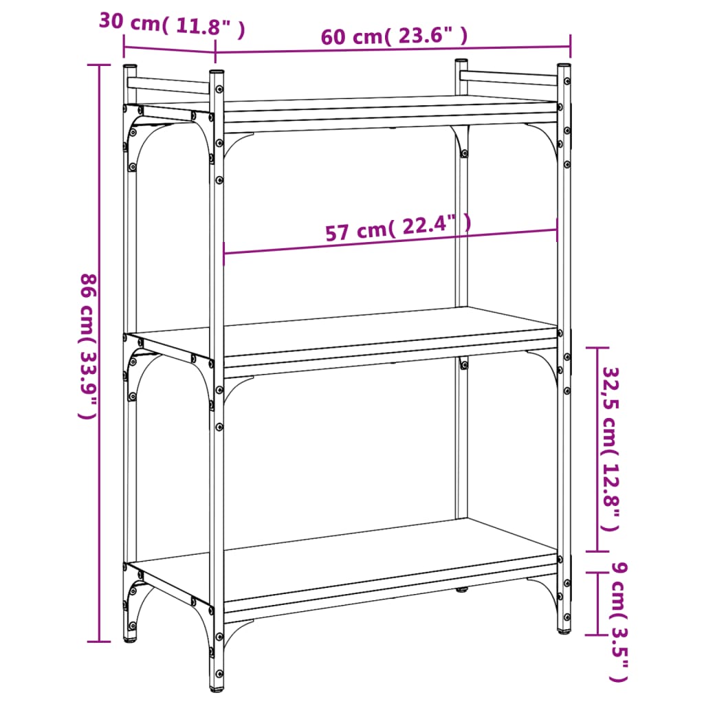 vidaXL Bookcase 3-Tier Brown Oak 23.6"x11.8"x33.9" Engineered Wood