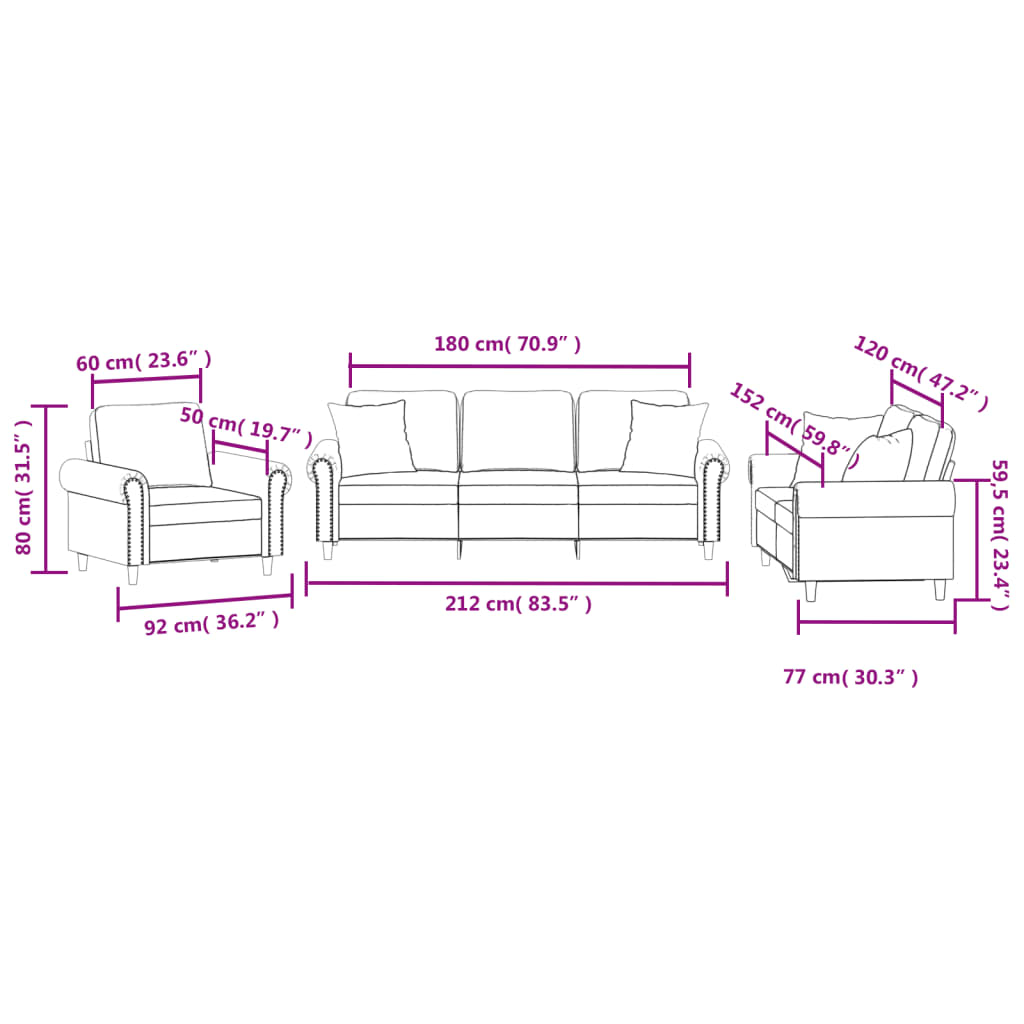 vidaXL 3 Piece Sofa Set with Pillows Light Gray Velvet