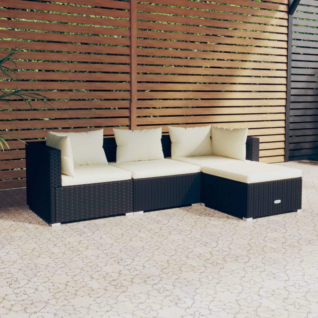 vidaXL 4 Piece Patio Lounge Set with Cushions Poly Rattan Black