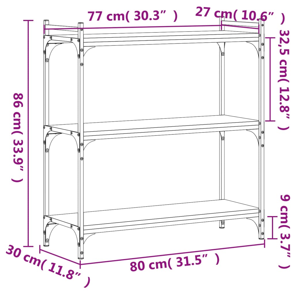 vidaXL Bookcase 3-Tier Brown Oak 31.5"x11.8"x33.9" Engineered Wood