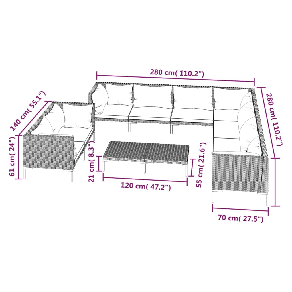 vidaXL 10 Piece Patio Lounge Set with Cushions Poly Rattan Dark Gray