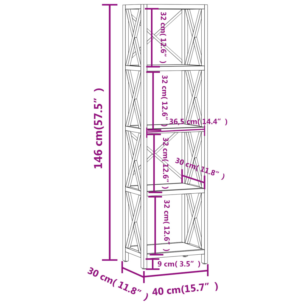 vidaXL 5-Tier Shelf 15.7"x11.8"x57.5" Solid Wood Oak