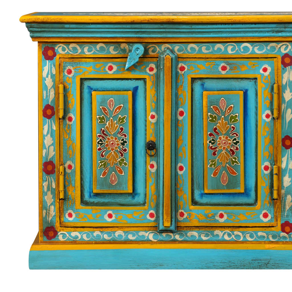 vidaXL TV Stand Solid Wood Mango Blue Hand Painted