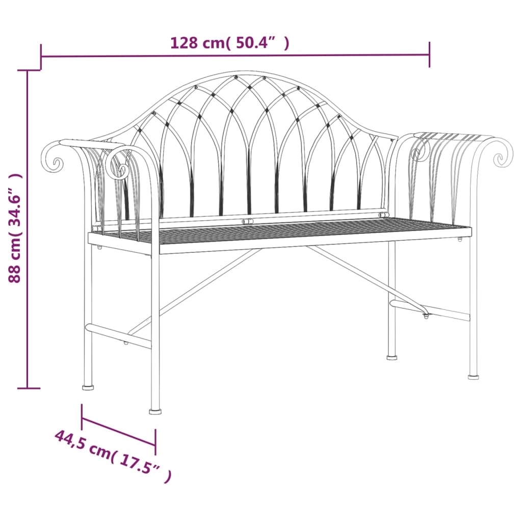 vidaXL 2-Seater Patio Bench 50.4" Black Steel