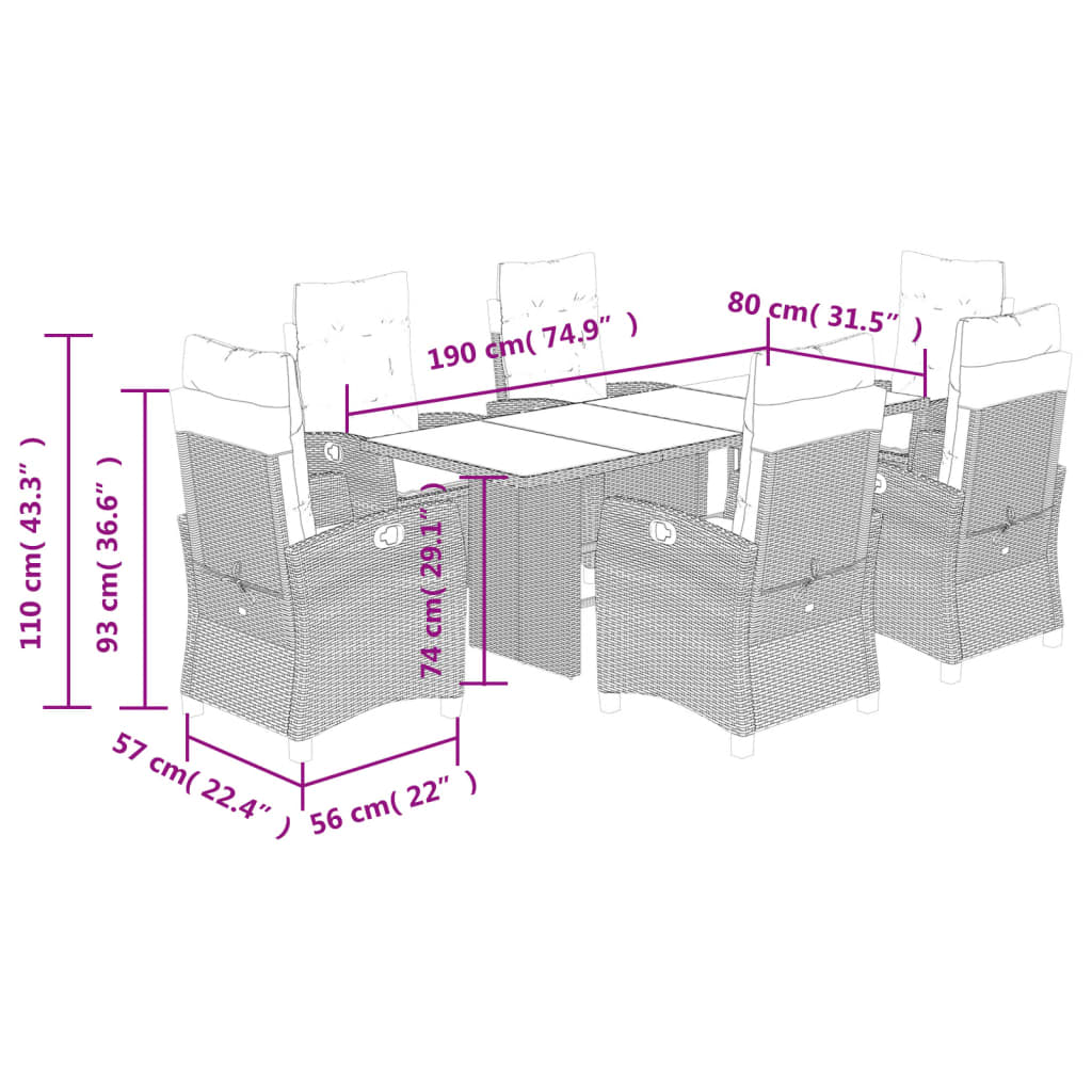 vidaXL 7 Piece Patio Dining Set with Cushions Gray Poly Rattan