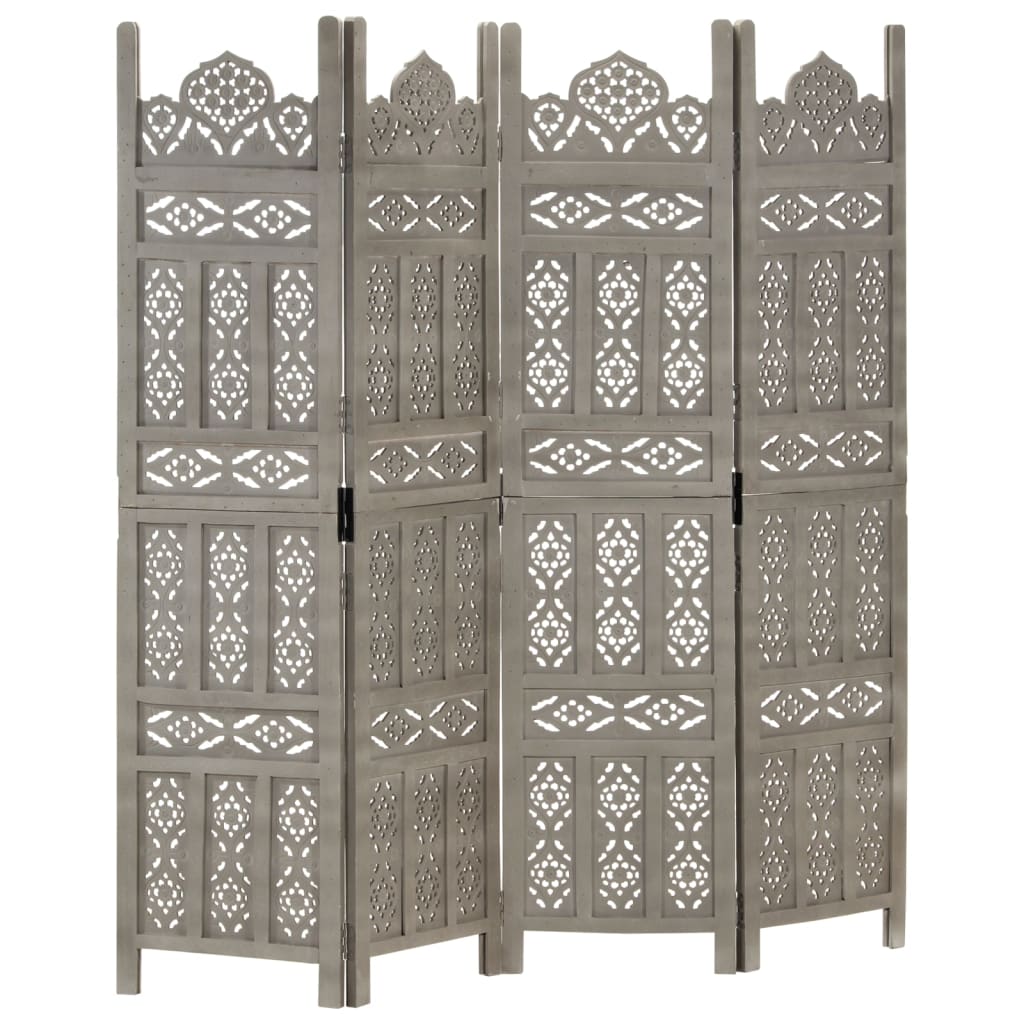 vidaXL Hand carved 4-Panel Room Divider Gray 63"x65" Solid Mango Wood