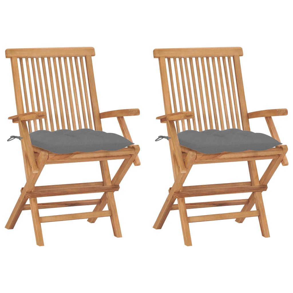 vidaXL Patio Chairs with Gray Cushions 2 pcs Solid Teak Wood