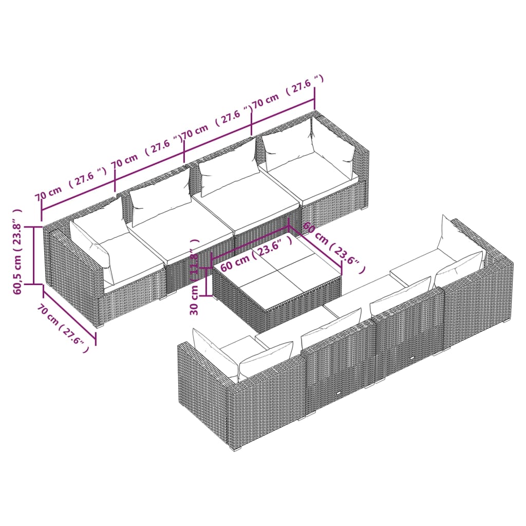 vidaXL 9 Piece Patio Lounge Set with Cushions Poly Rattan Gray