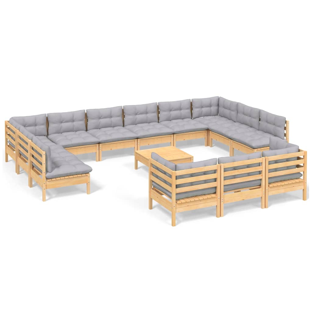vidaXL 14 Piece Patio Lounge Set with Gray Cushions Pinewood