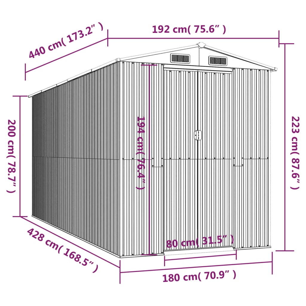 vidaXL Garden Shed Anthracite 75.6"x173.2"x87.8" Galvanized Steel