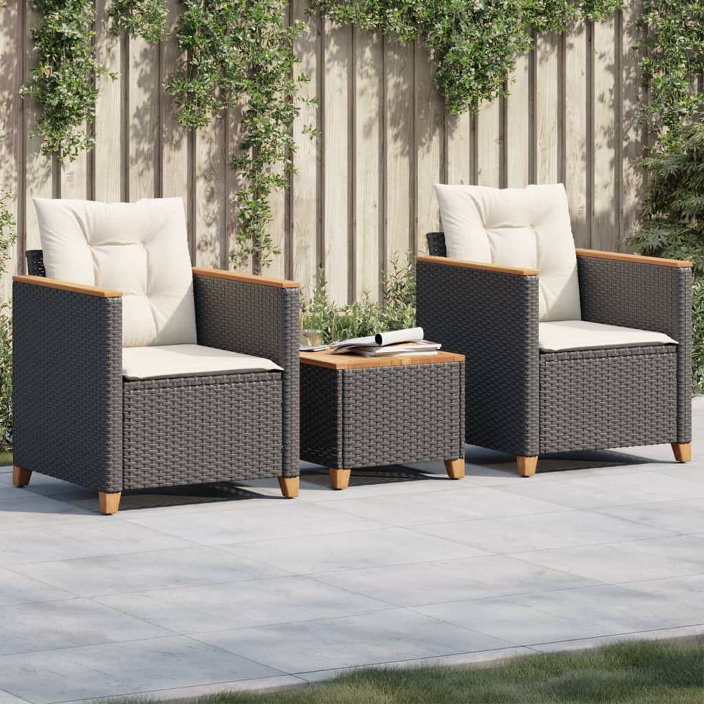 vidaXL 3 Piece Bistro Set with Cushions Black Poly Rattan Acacia Wood