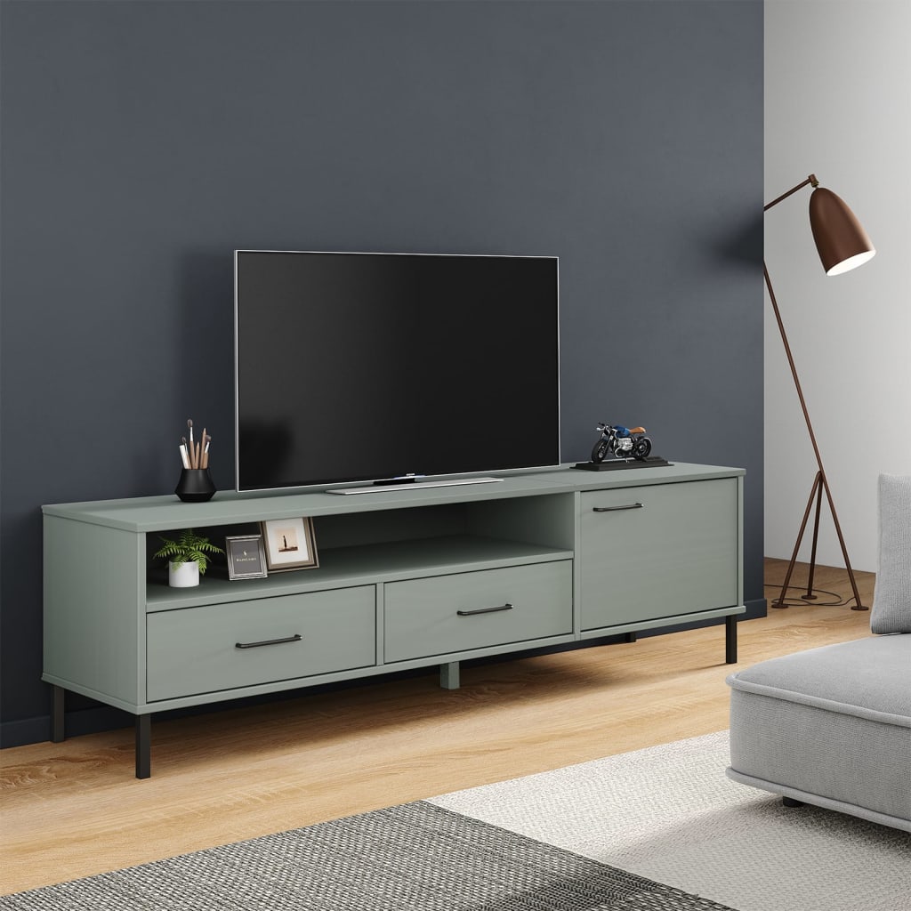 vidaXL TV Stand with Metal Legs Gray Solid Wood Pine OSLO