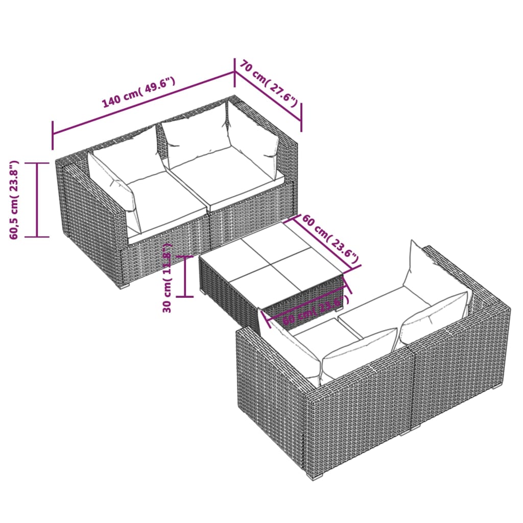 vidaXL 5 Piece Patio Lounge Set with Cushions Poly Rattan Gray