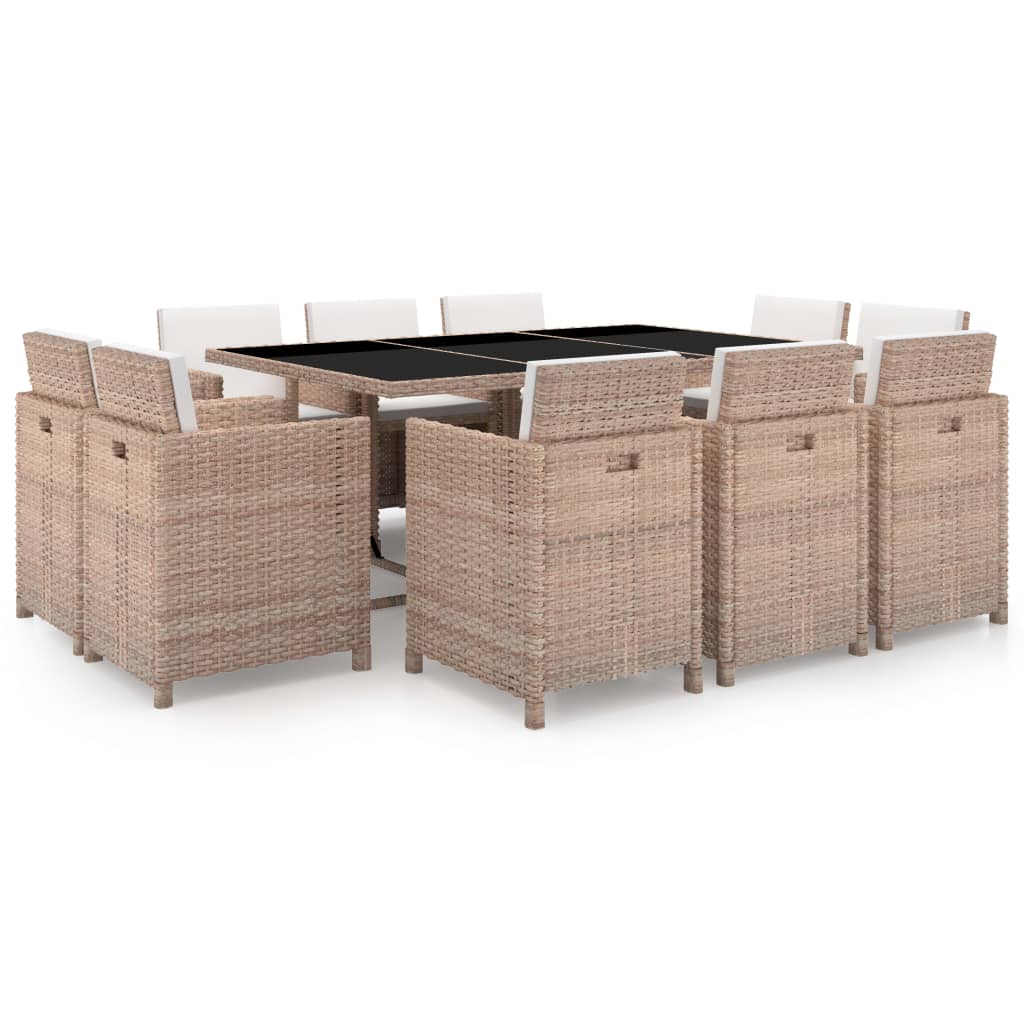 vidaXL 11 Piece Patio Dining Set with Cushions Poly Rattan Beige