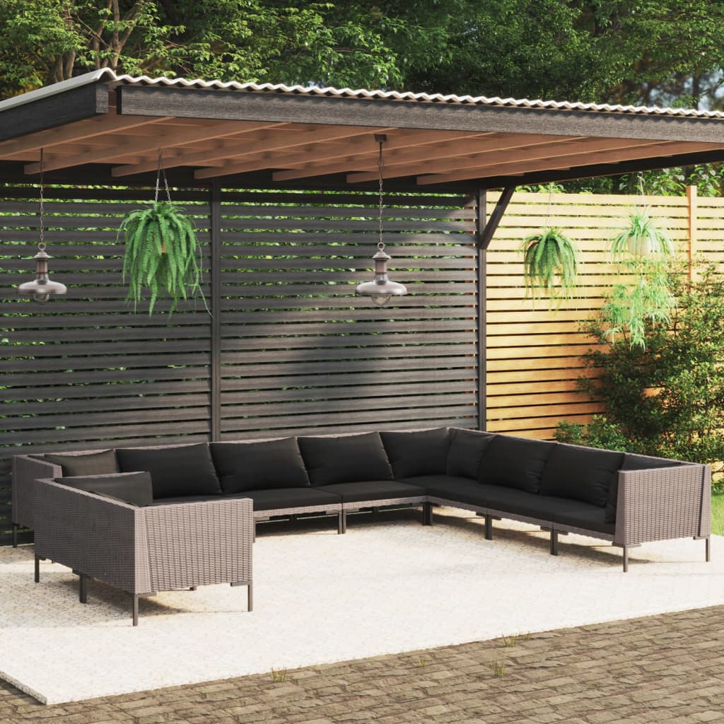 vidaXL 10 Piece Patio Lounge Set with Cushions Poly Rattan Dark Gray