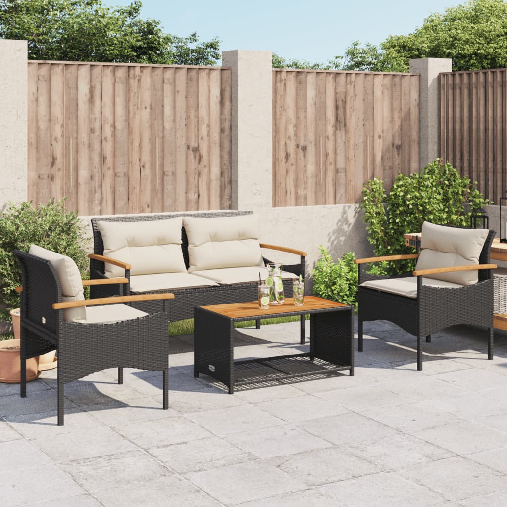 vidaXL 4 Piece Patio Sofa Set with Cushions Black Poly Rattan