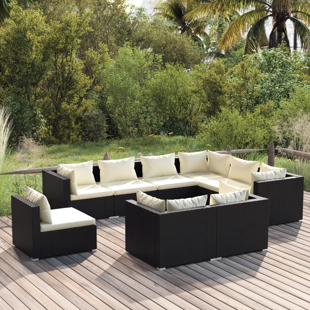 vidaXL 9 Piece Patio Lounge Set with Cushions Poly Rattan Black