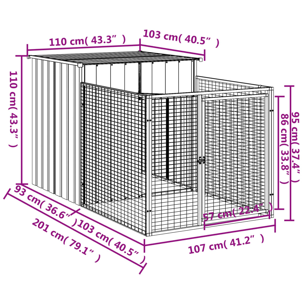 vidaXL Dog House with Run Anthracite 43.3"x79.1"x43.3" Galvanized Steel