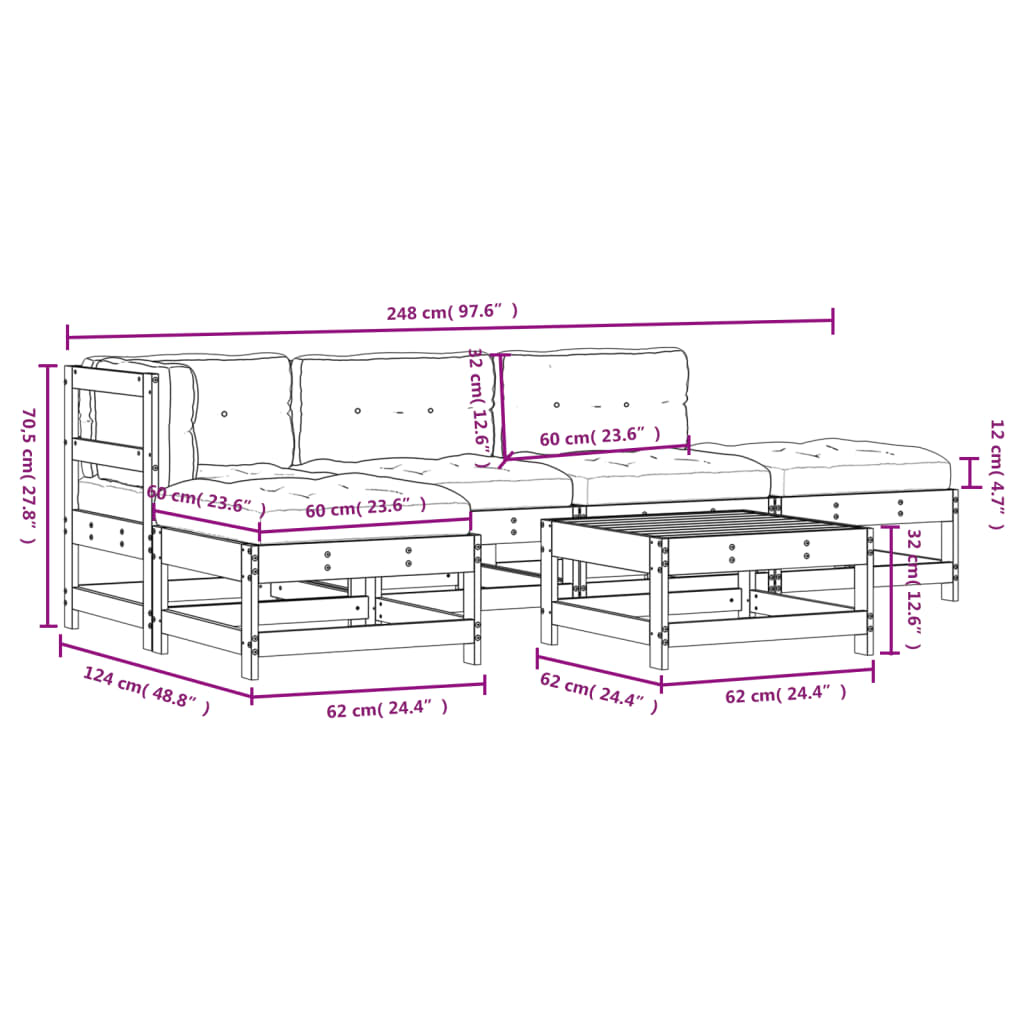 vidaXL 6 Piece Patio Lounge Set with Cushions White Solid Wood