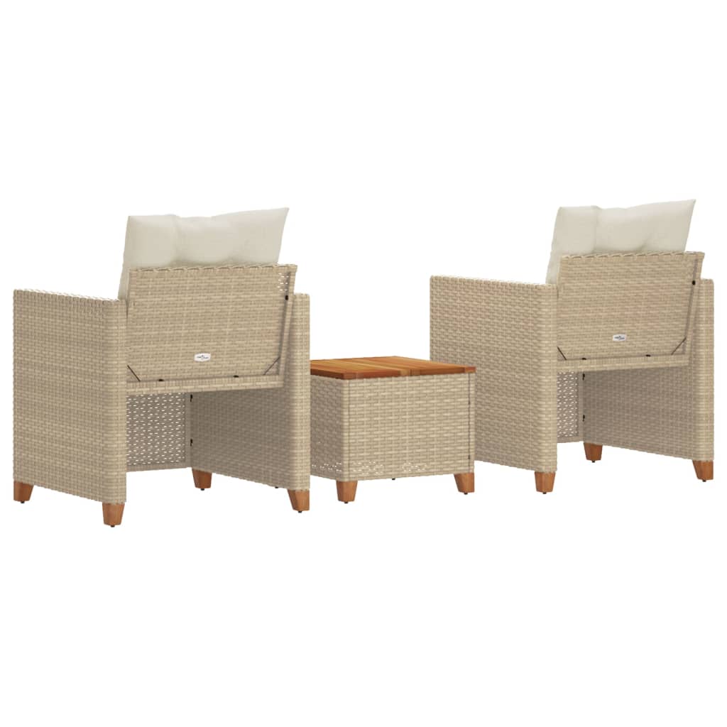 vidaXL 3 Piece Bistro Set with Cushions Beige Poly Rattan Acacia Wood