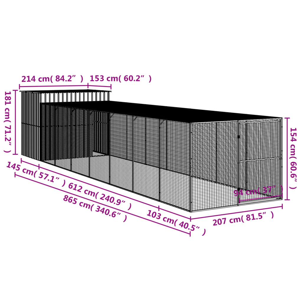 vidaXL Dog House with Run Light Gray 84.3"x340.6"x71.3" Galvanized Steel