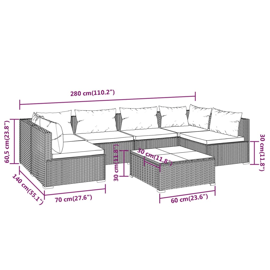 vidaXL 7 Piece Patio Lounge Set with Cushions Poly Rattan Brown