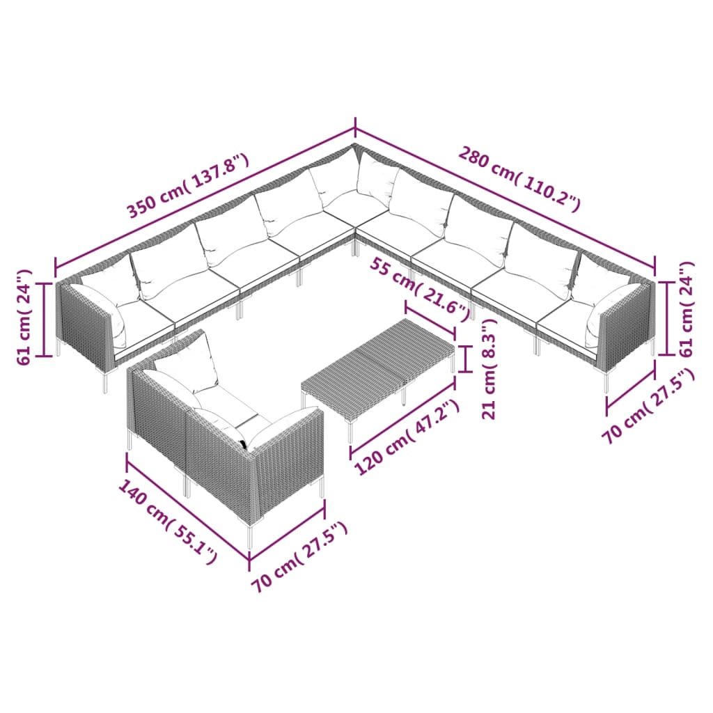 vidaXL 12 Piece Patio Lounge Set with Cushions Poly Rattan Dark Gray