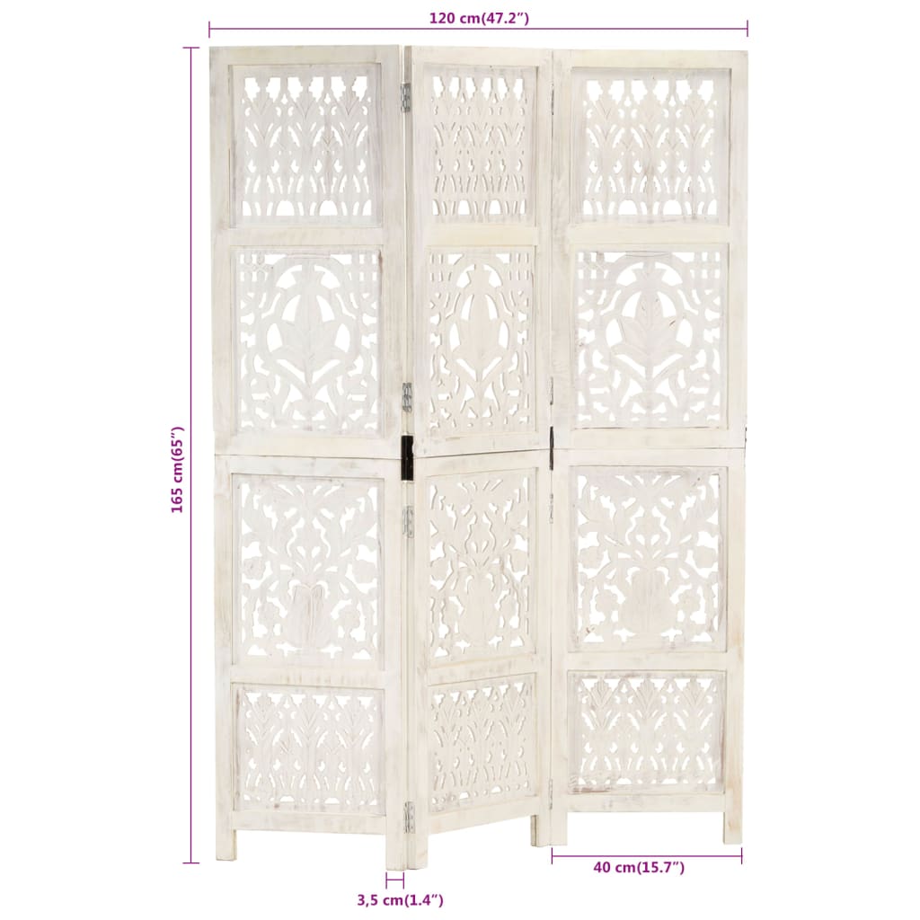 vidaXL Hand carved 3-Panel Room Divider White 47.2"x65" Solid Mango Wood