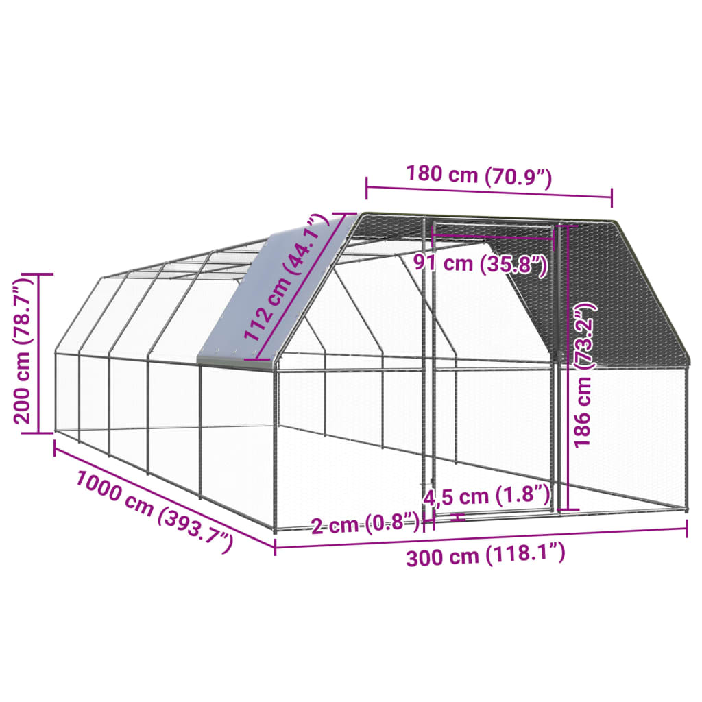 vidaXL Outdoor Chicken Cage 9.8'x32.8'x6.6' Galvanized Steel