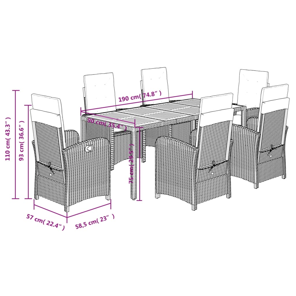 vidaXL 7 Piece Patio Dining Set with Cushions Gray Poly Rattan