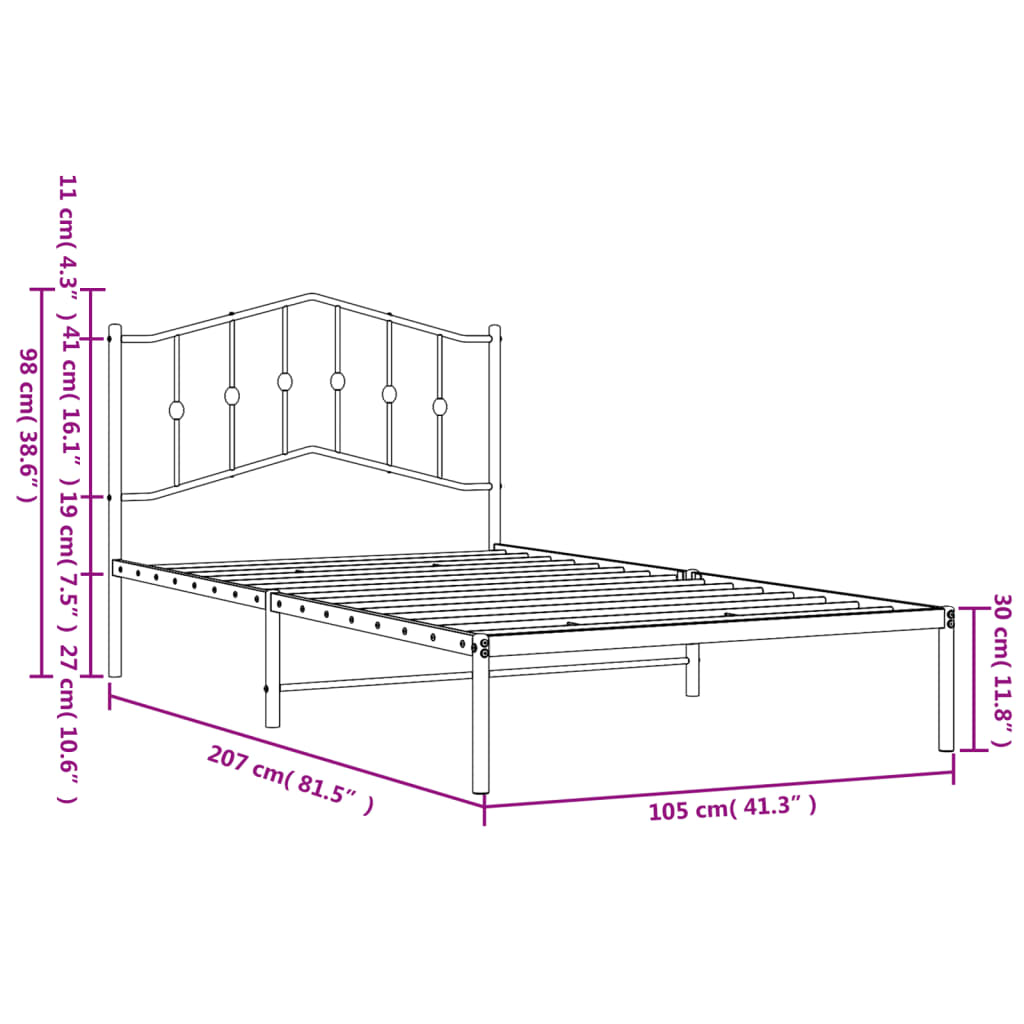 vidaXL Metal Bed Frame without Mattress with Headboard White 39.4"x78.7"