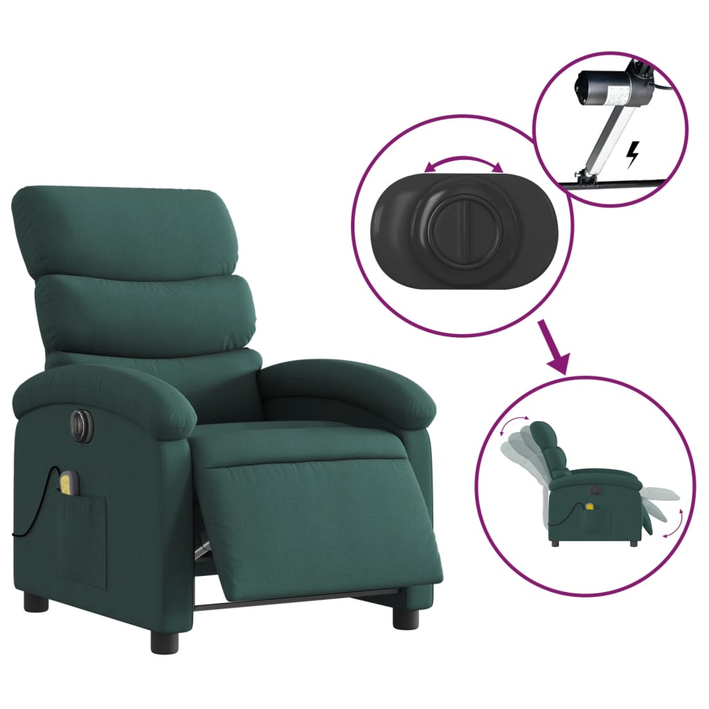 vidaXL Electric Massage Recliner Chair Dark Green Fabric