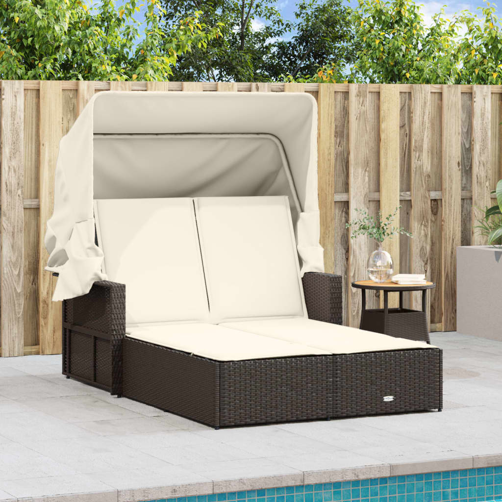 vidaXL Double Sun Lounger with Canopy and Cushions Brown Poly Rattan