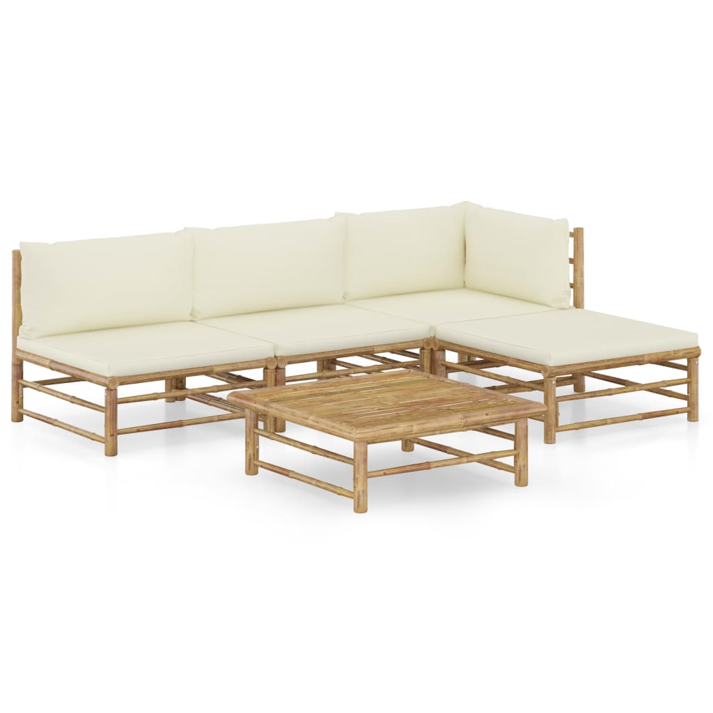 vidaXL 5 Piece Patio Lounge Set with Cream White Cushions Bamboo