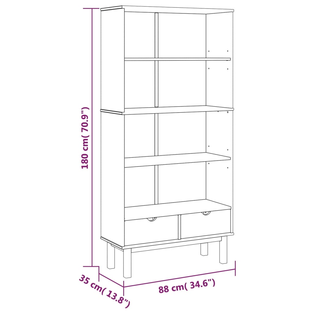 vidaXL Bookcase OTTA with 2 Drawers Brown and White Solid Wood Pine