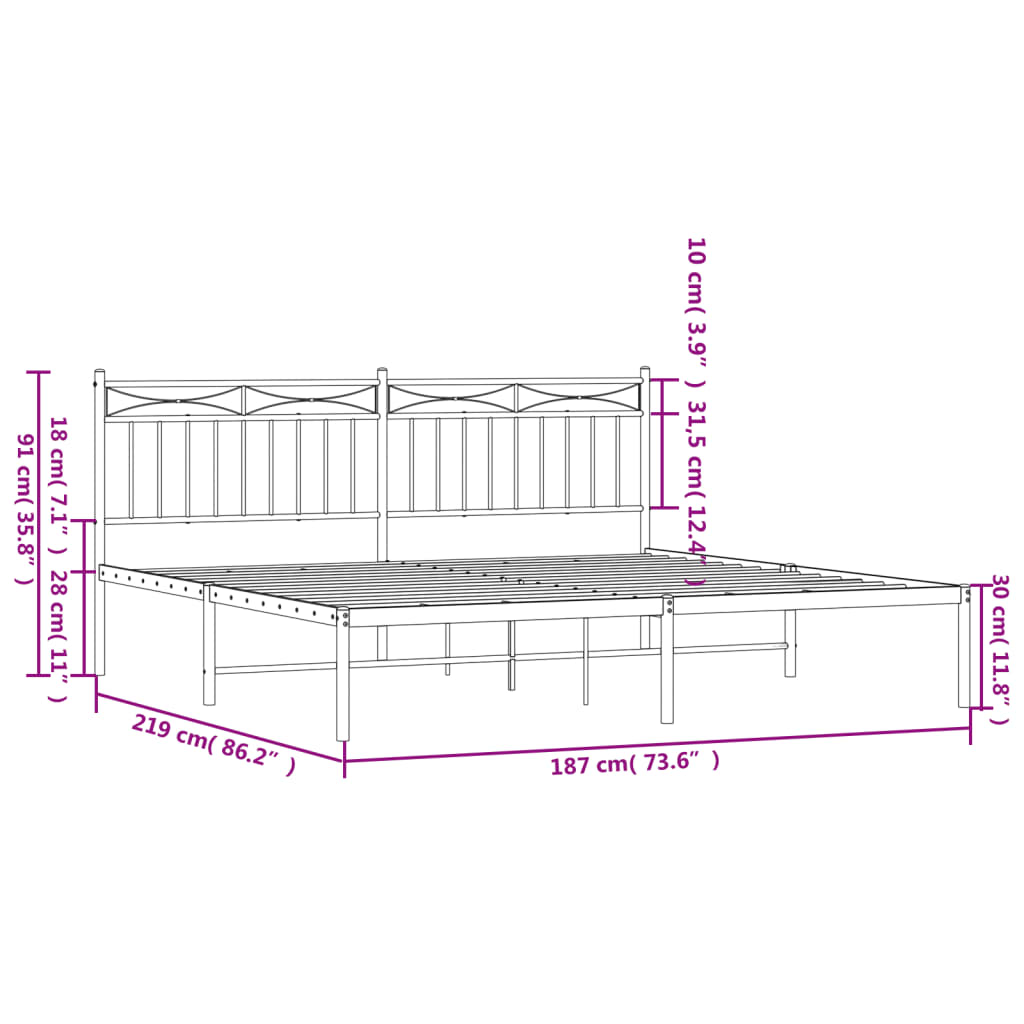 vidaXL Metal Bed Frame without Mattress with Headboard Black 72"x83.9"