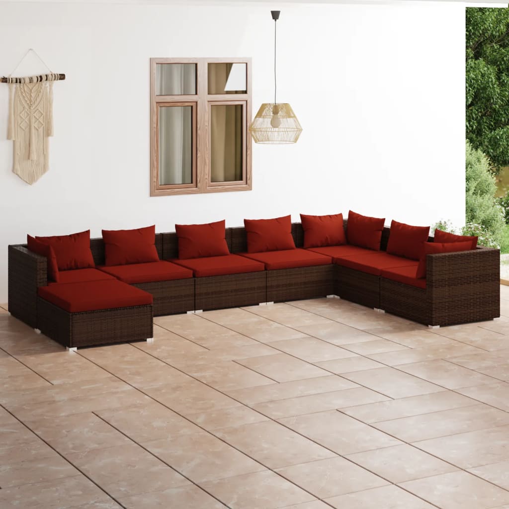 vidaXL 8 Piece Patio Lounge Set with Cushions Poly Rattan Brown