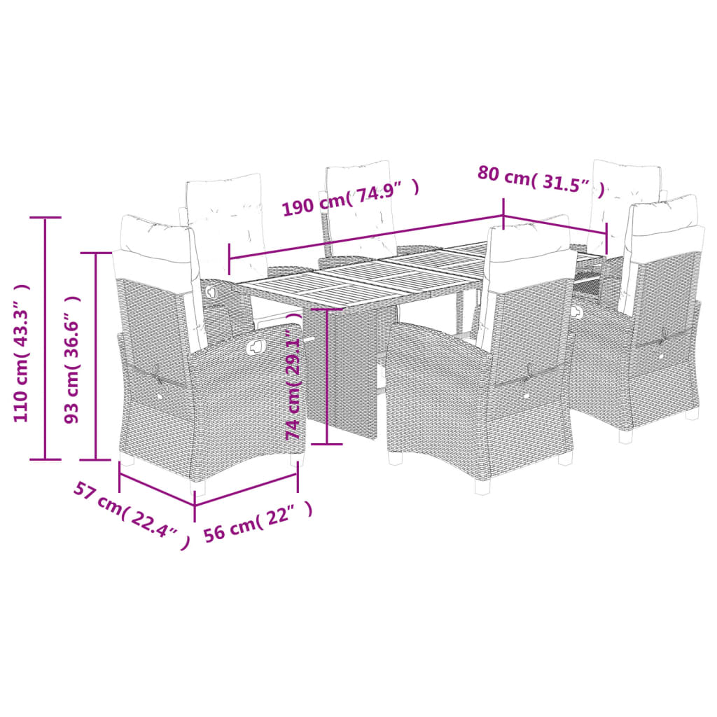 vidaXL 7 Piece Patio Dining Set with Cushions Black Poly Rattan