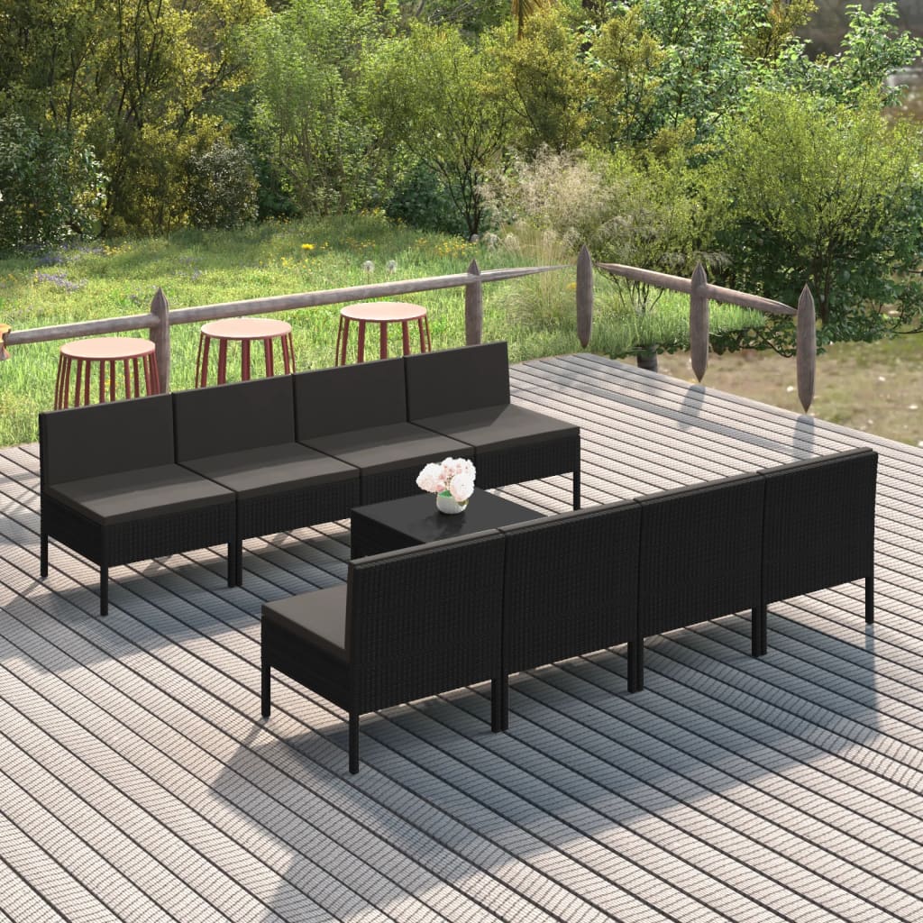 vidaXL 9 Piece Patio Lounge Set with Cushions Poly Rattan Black