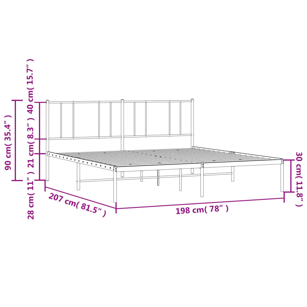 vidaXL Metal Bed Frame without Mattress with Headboard Black 76"x79.9"