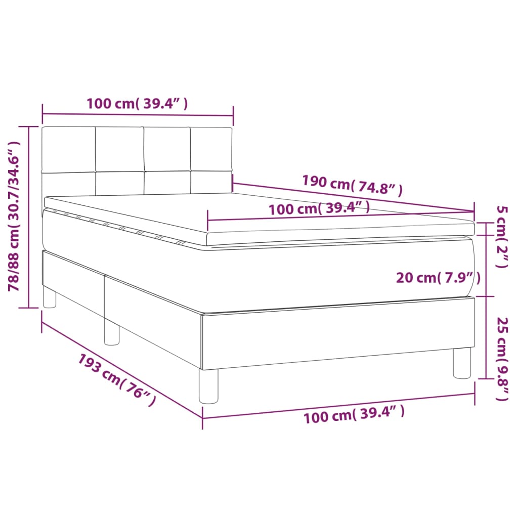 vidaXL Box Spring Bed with Mattress&LED Light Gray Twin Fabric