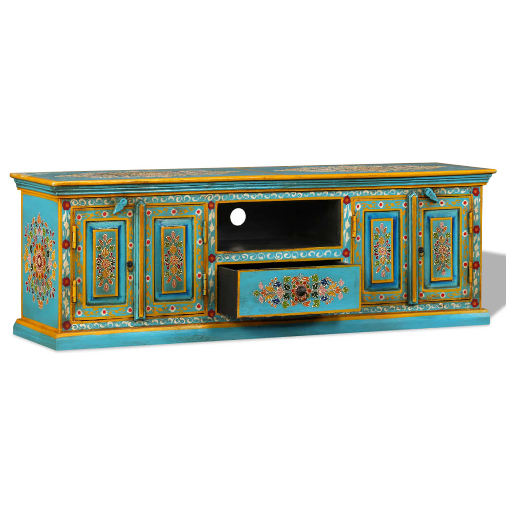 vidaXL TV Stand Solid Wood Mango Blue Hand Painted