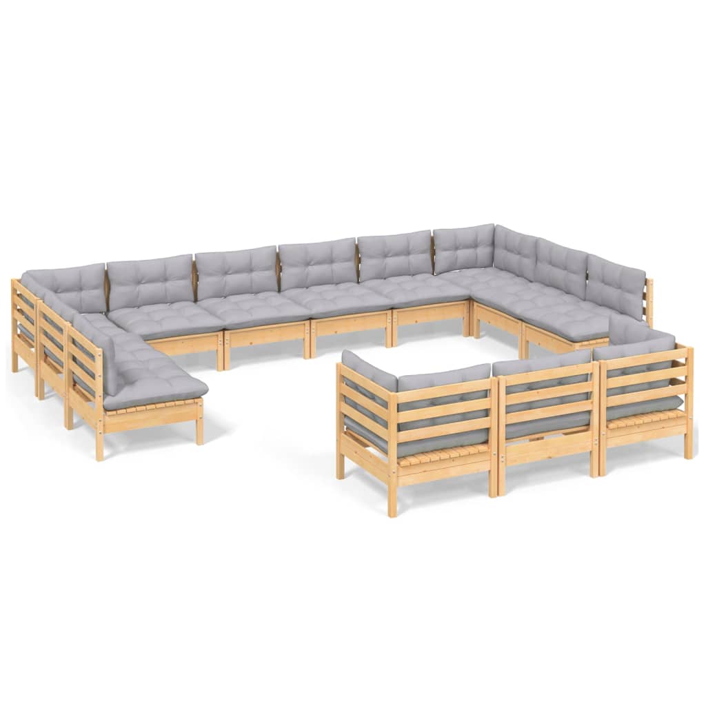 vidaXL 13 Piece Patio Lounge Set with Gray Cushions Pinewood