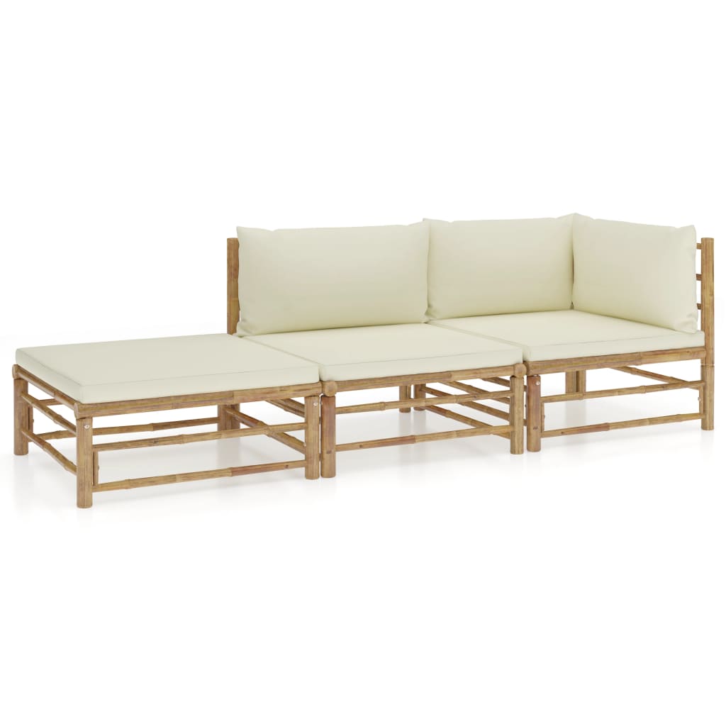 vidaXL 3 Piece Patio Lounge Set with Cream White Cushions Bamboo