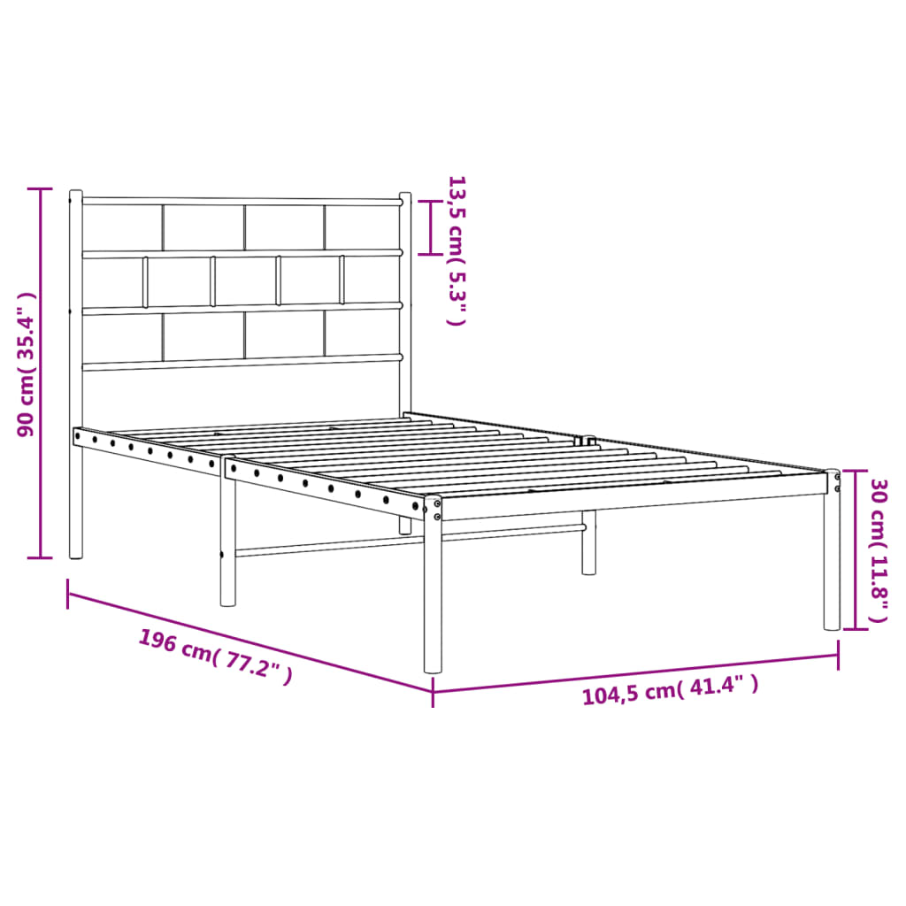 vidaXL Metal Bed Frame without Mattress with Headboard White 39.4"x74.8"