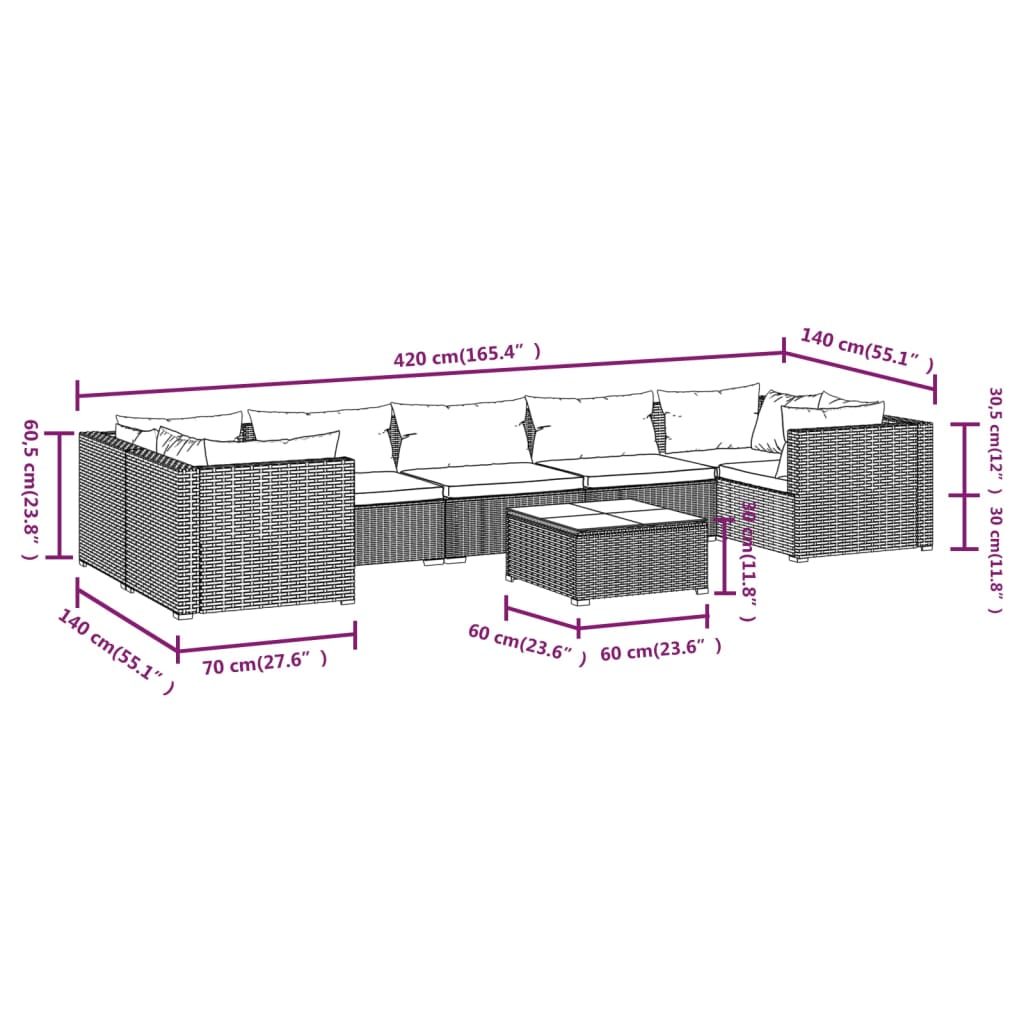 vidaXL 8 Piece Patio Lounge Set with Cushions Poly Rattan Gray