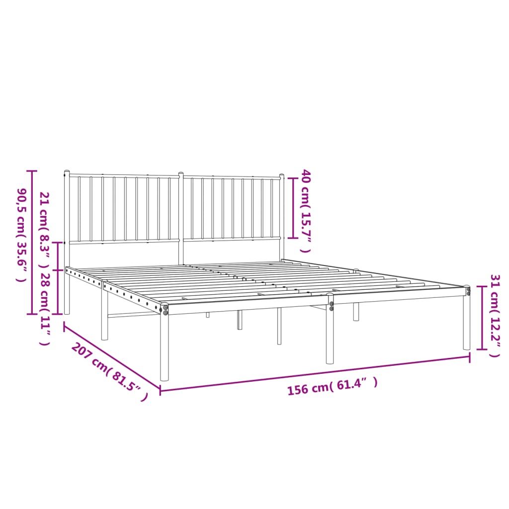 vidaXL Metal Bed Frame without Mattress with Headboard White 59.1"x78.7"