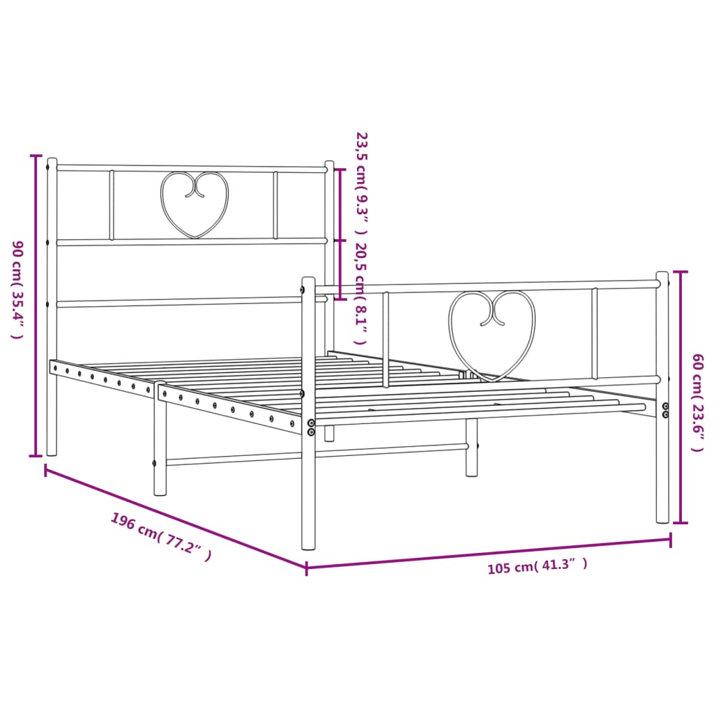 vidaXL Metal Bed Frame without Mattress with Footboard White 39.4"x74.8"