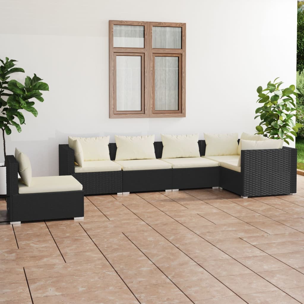 vidaXL 6 Piece Patio Lounge Set with Cushions Poly Rattan Black