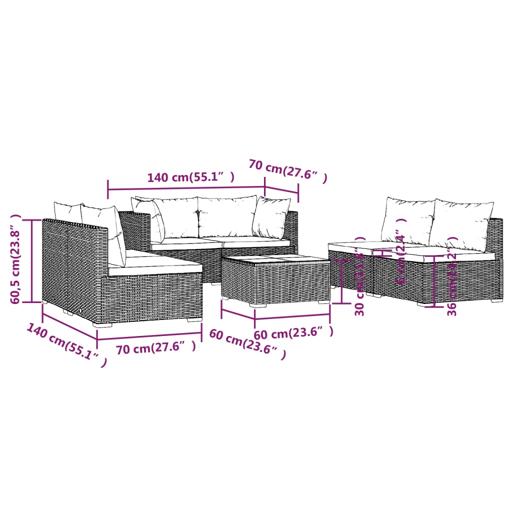 vidaXL 7 Piece Patio Lounge Set with Cushions Poly Rattan Brown